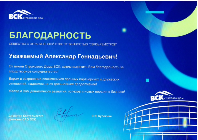 Благодарность от компании ВСК